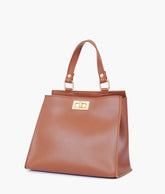 Brown front lock top-handle mini bag